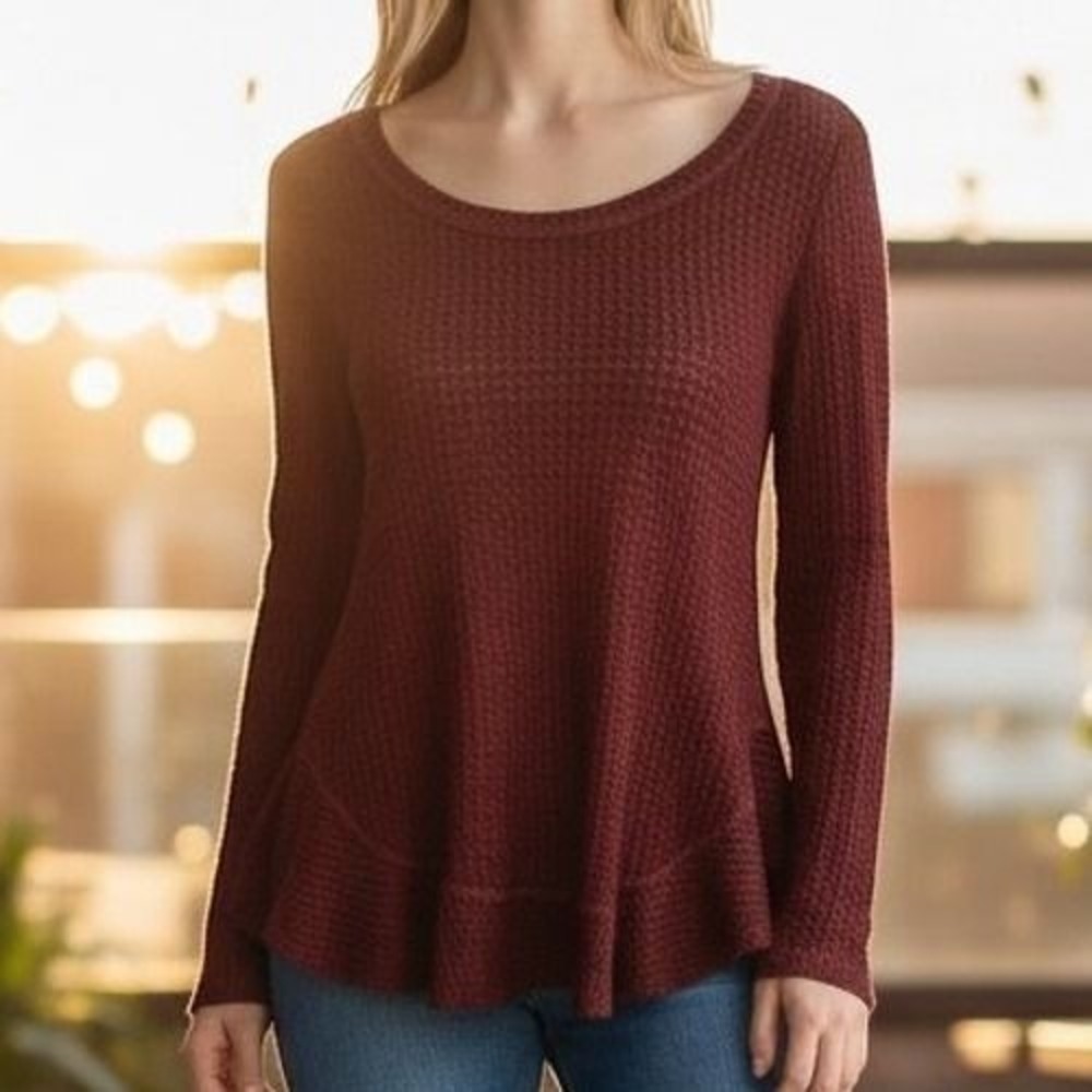 Saturday Sunday by Anthropologie Boho‎ Waffle Knit Top Women XS Wine Color